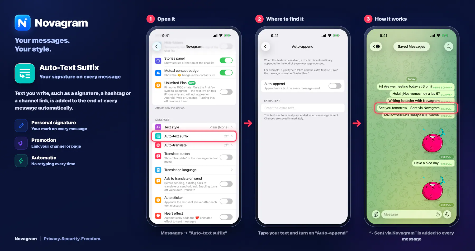 Auto-Text Suffix — Novagram card