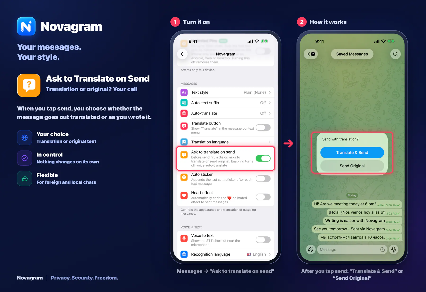 Ask to Translate on Send — Novagram card