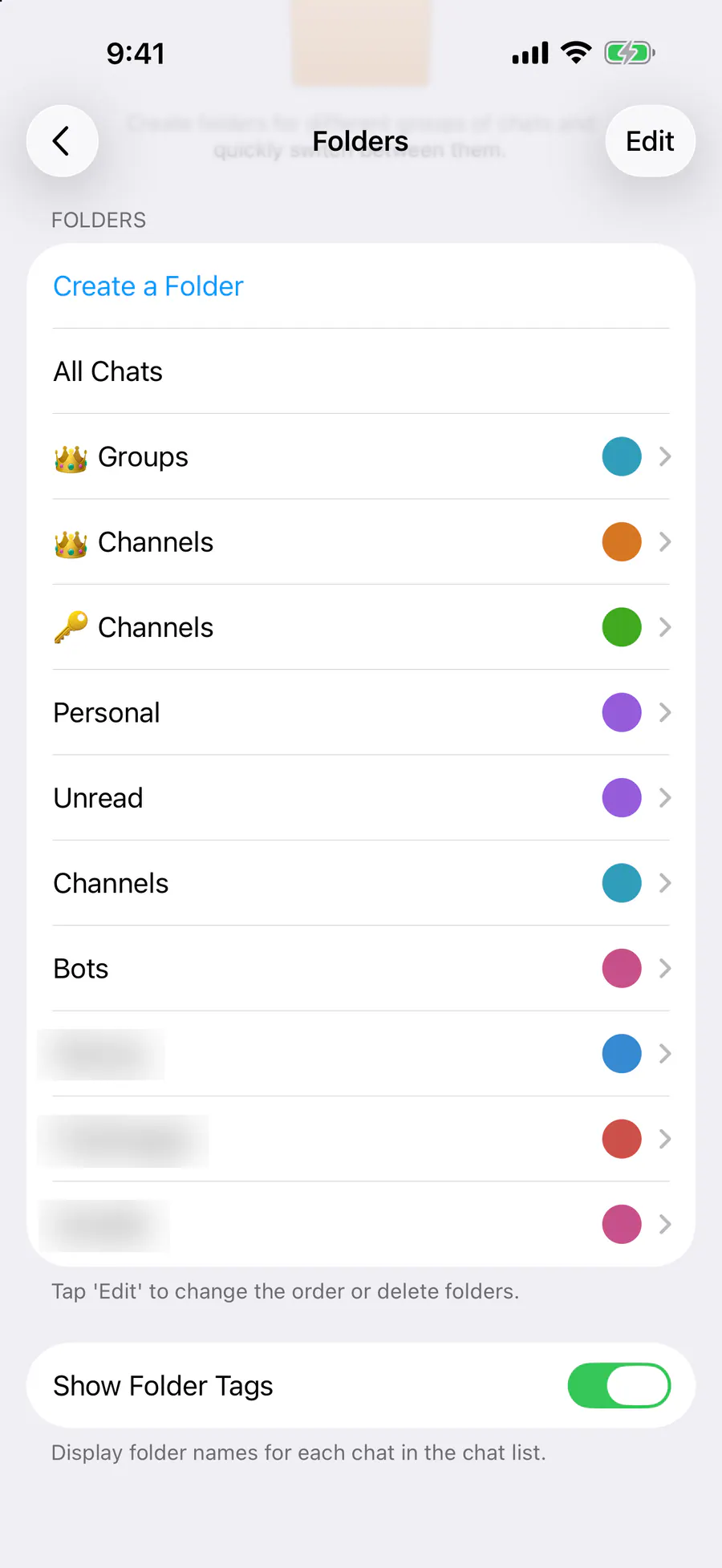 Chat Folders → “Show Folder Tags”