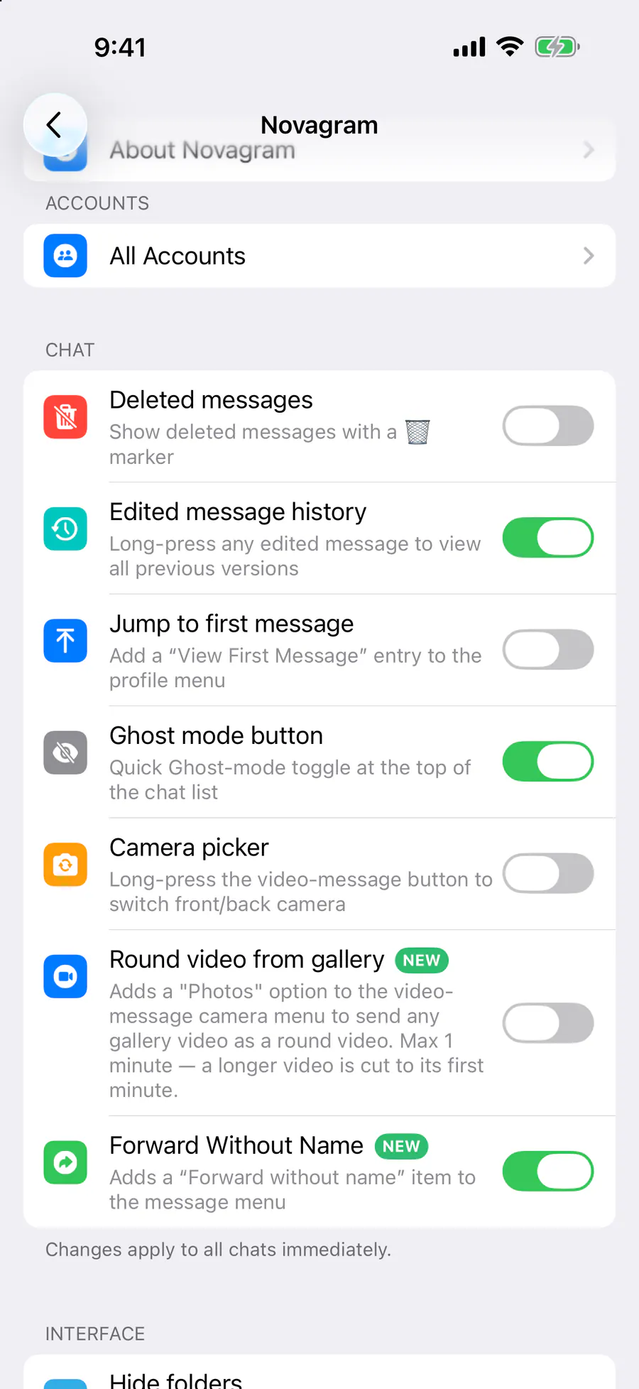 Settings → Novagram → Chat → “Ghost mode button”