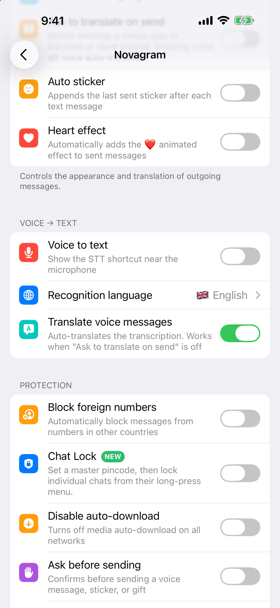 Voice → Text → “Translate voice messages”