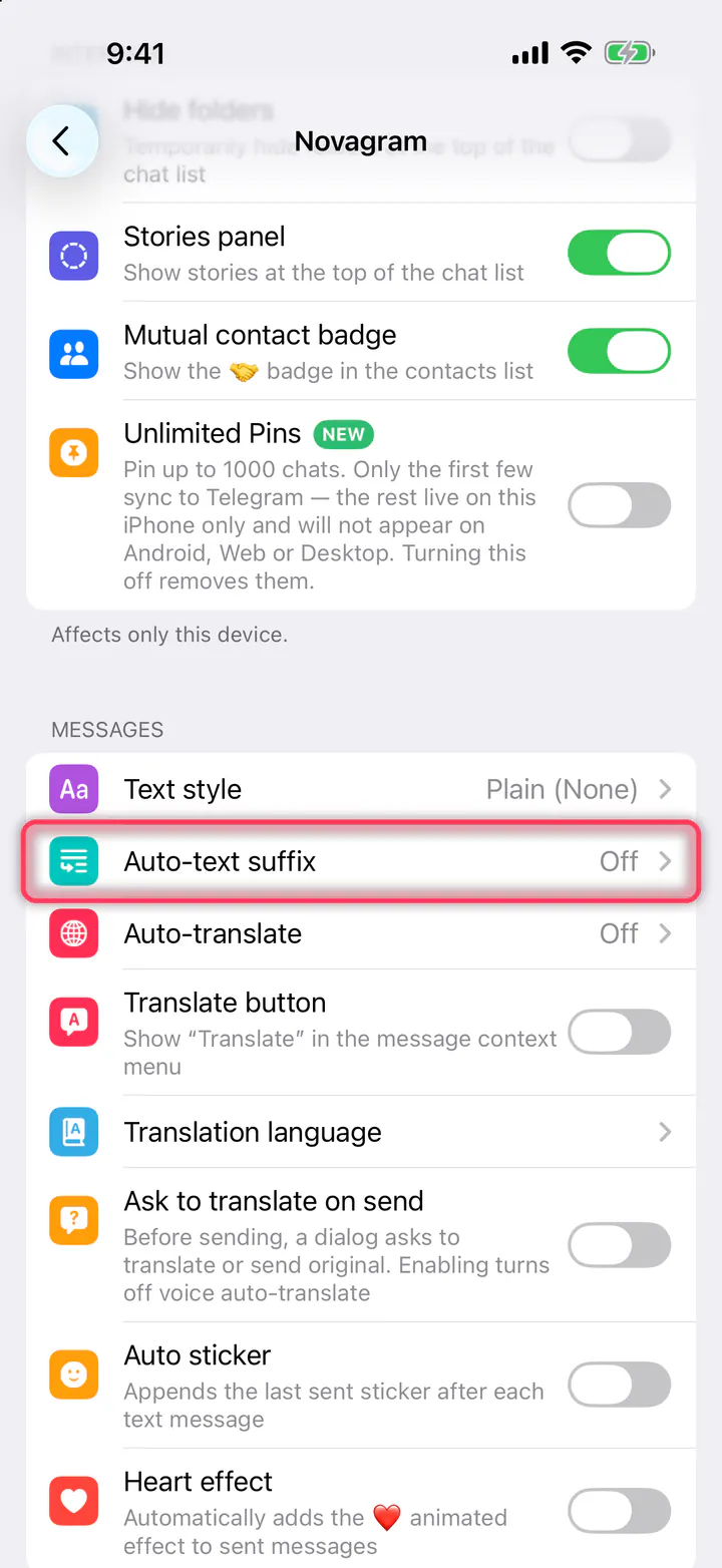 Tap “Auto-text suffix”