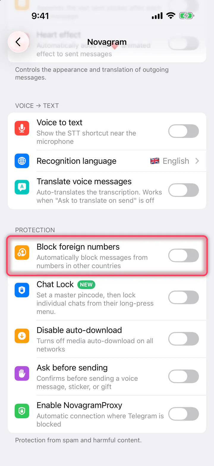 Turn on “Block foreign numbers”