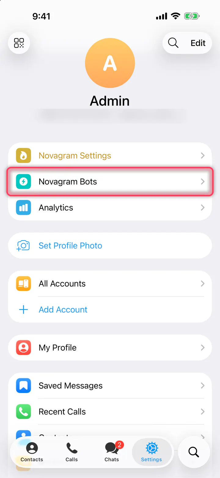 Tap “Novagram Bots”