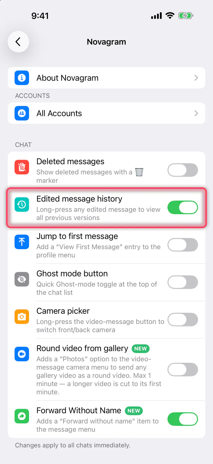 Keep “Edited message history” on