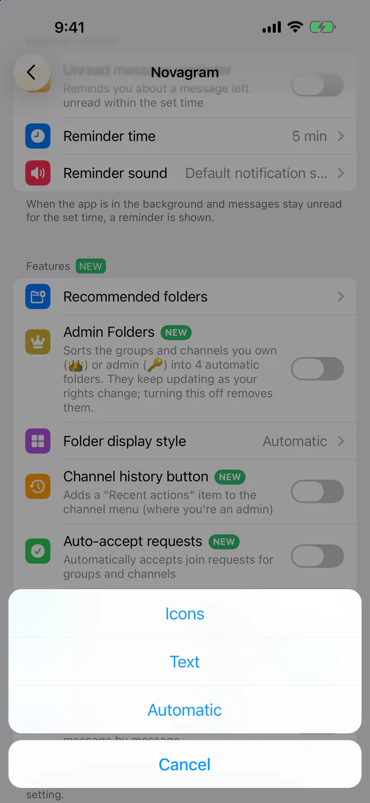 Choose “Icons”, “Text” or “Automatic”
