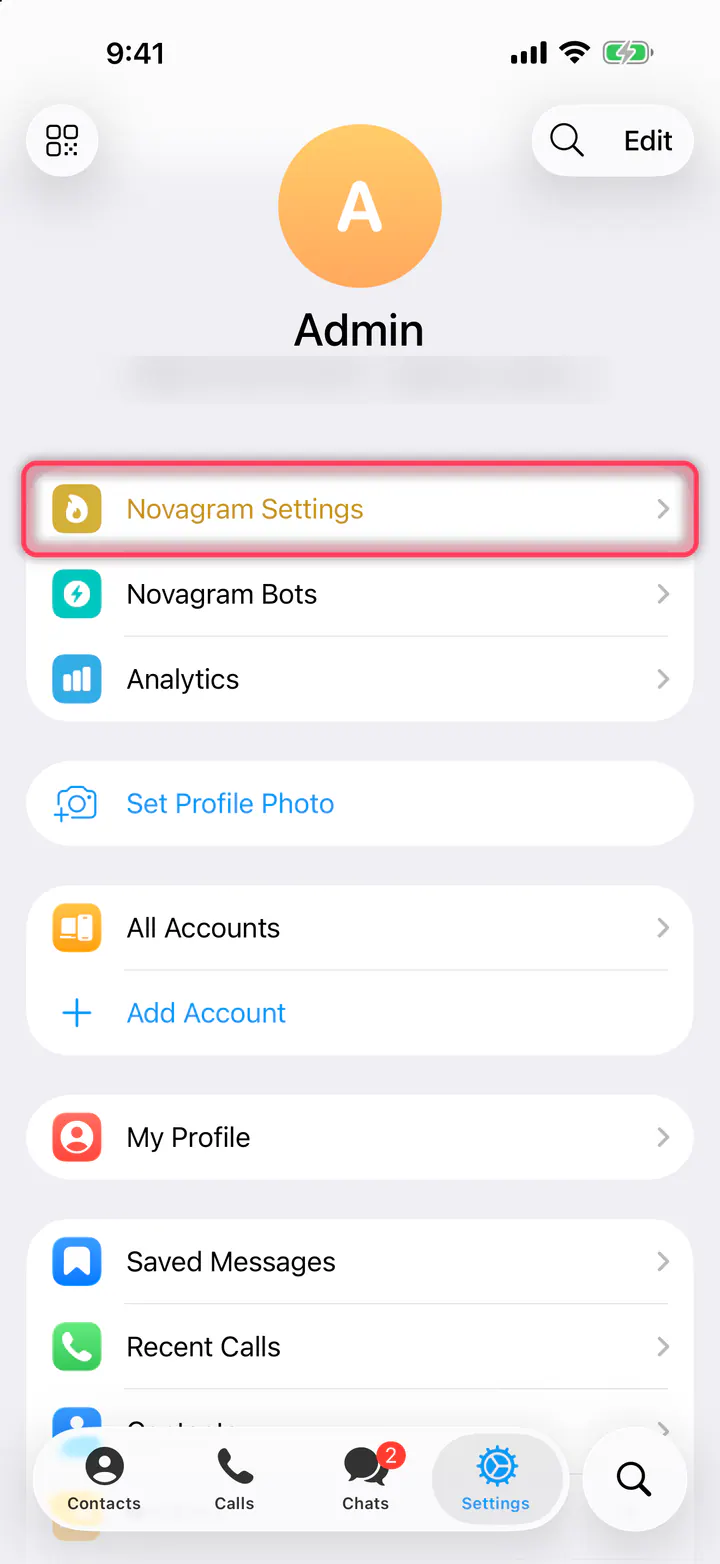 Tap “Novagram Settings”