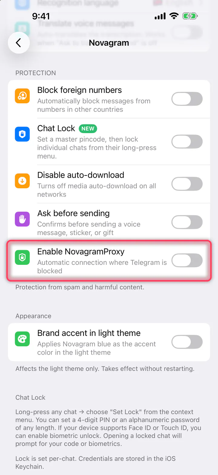 Turn on “Enable NovagramProxy”