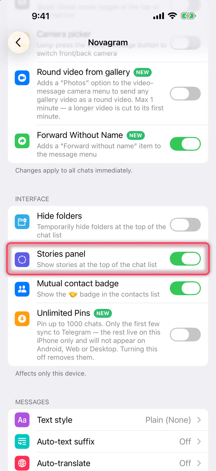 Turn off “Stories panel”