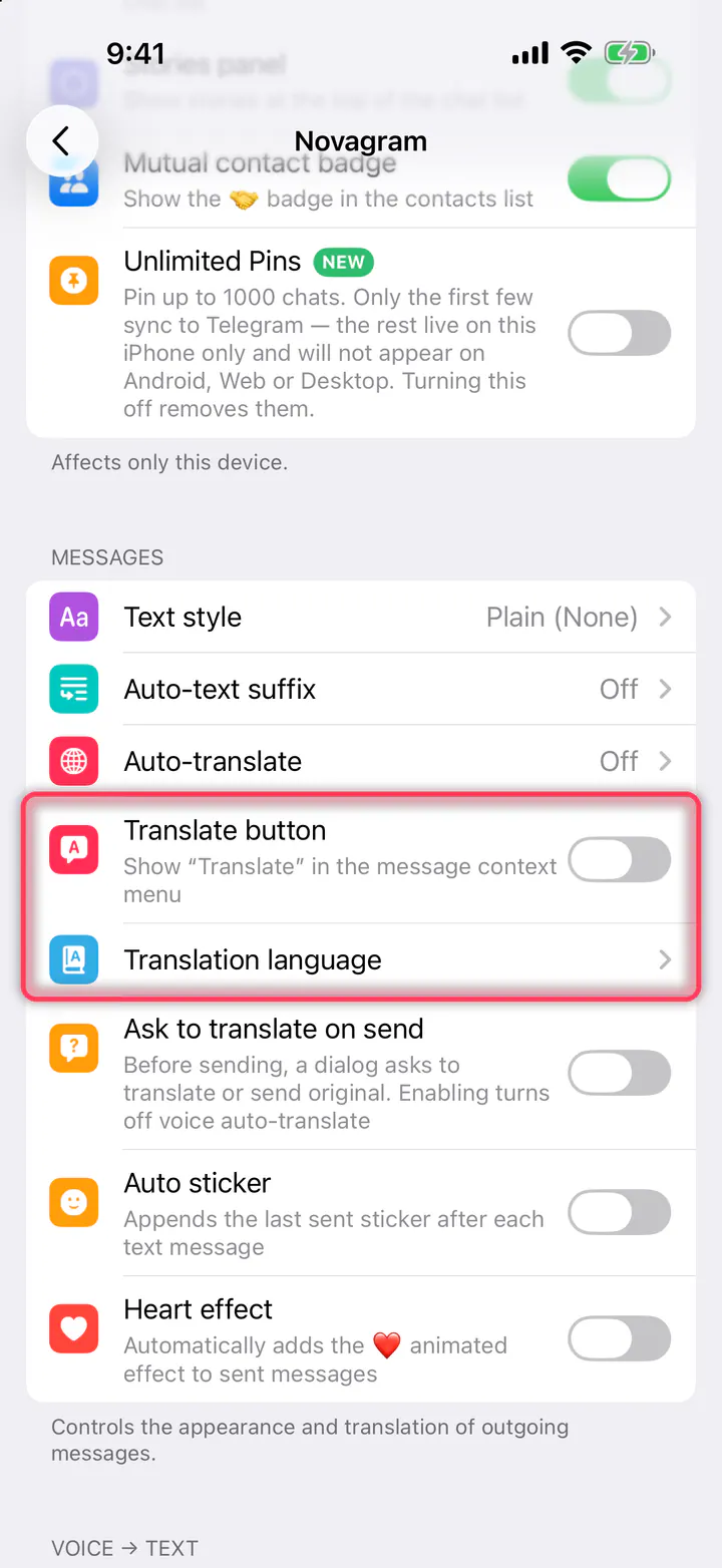 “Translate button” and “Translation language”