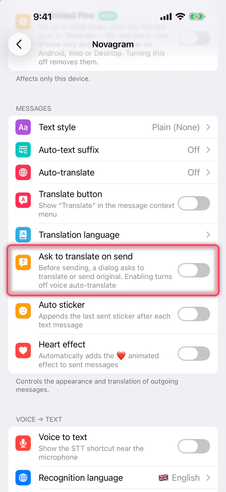 Turn on “Ask to translate on send”