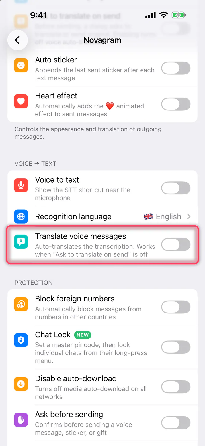 Turn on “Translate voice messages”