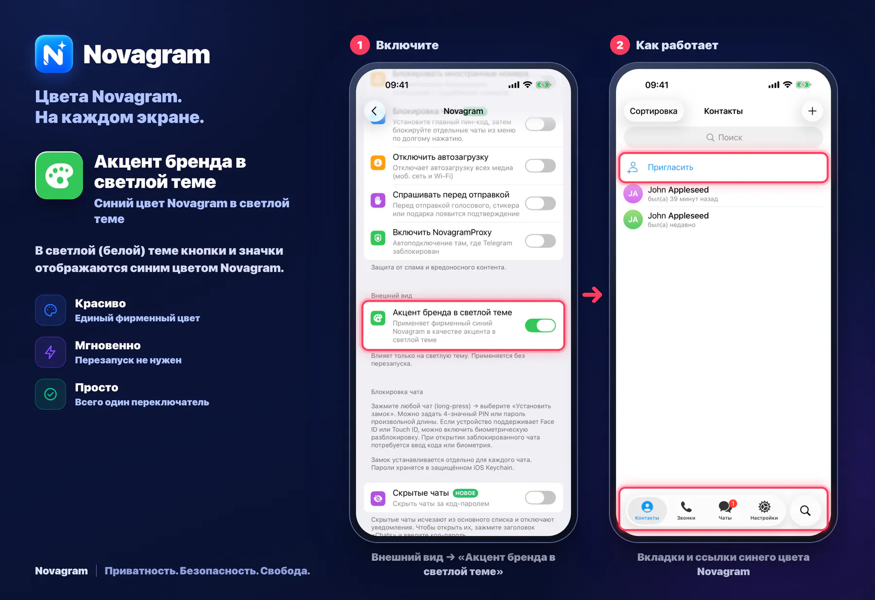 Акцент бренда в светлой теме — карточка Novagram