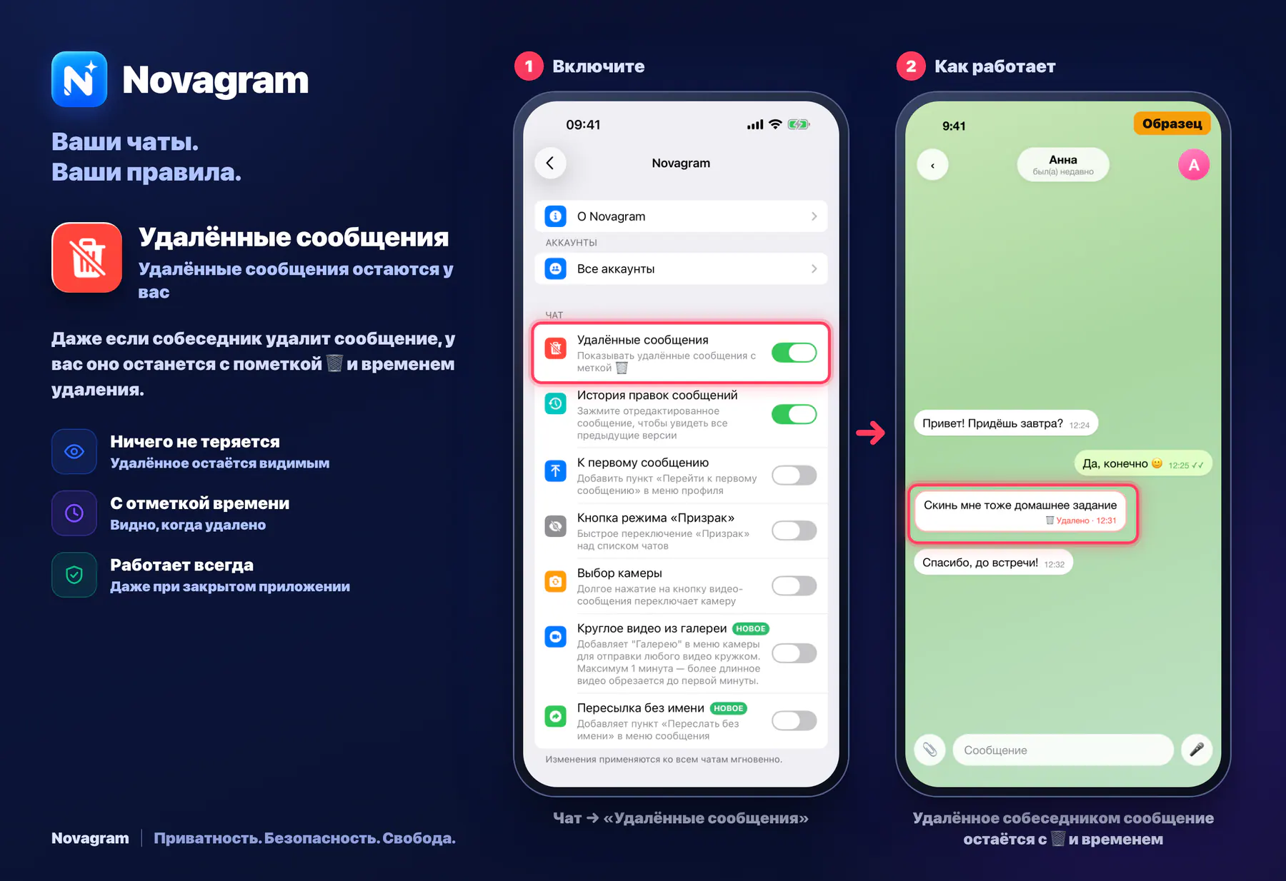 Удалённые сообщения — карточка Novagram