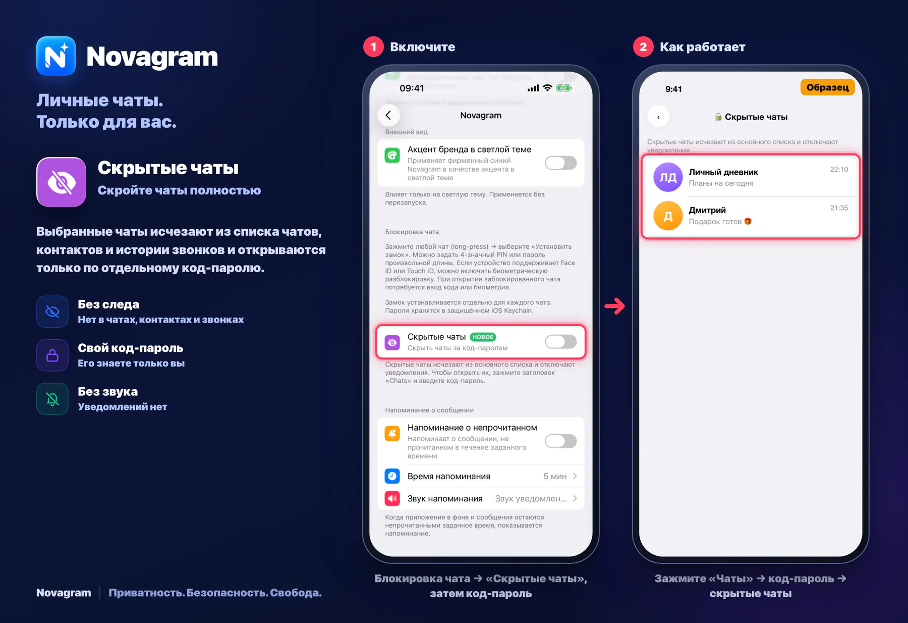 Скрытые чаты — карточка Novagram