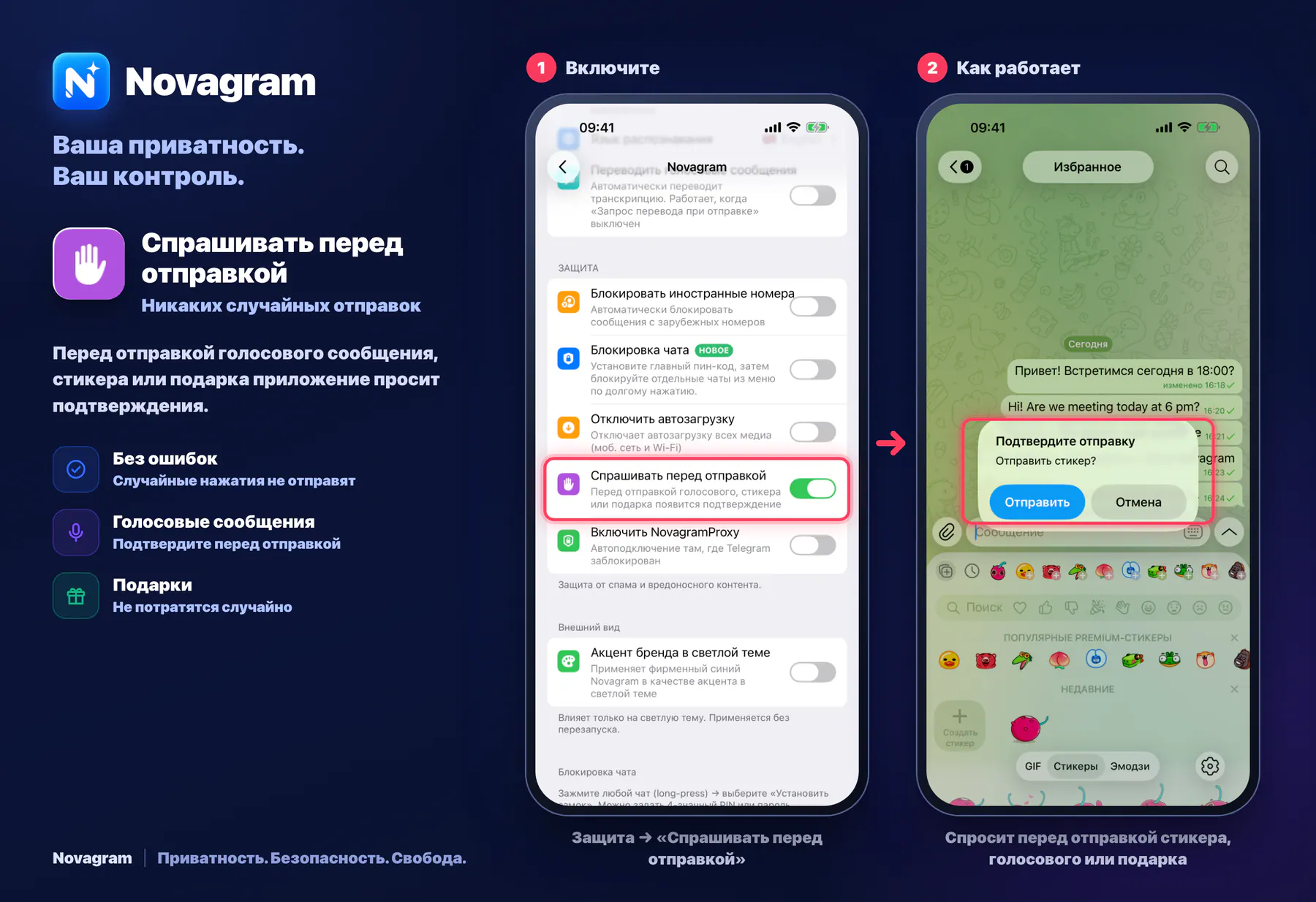Спрашивать перед отправкой — карточка Novagram