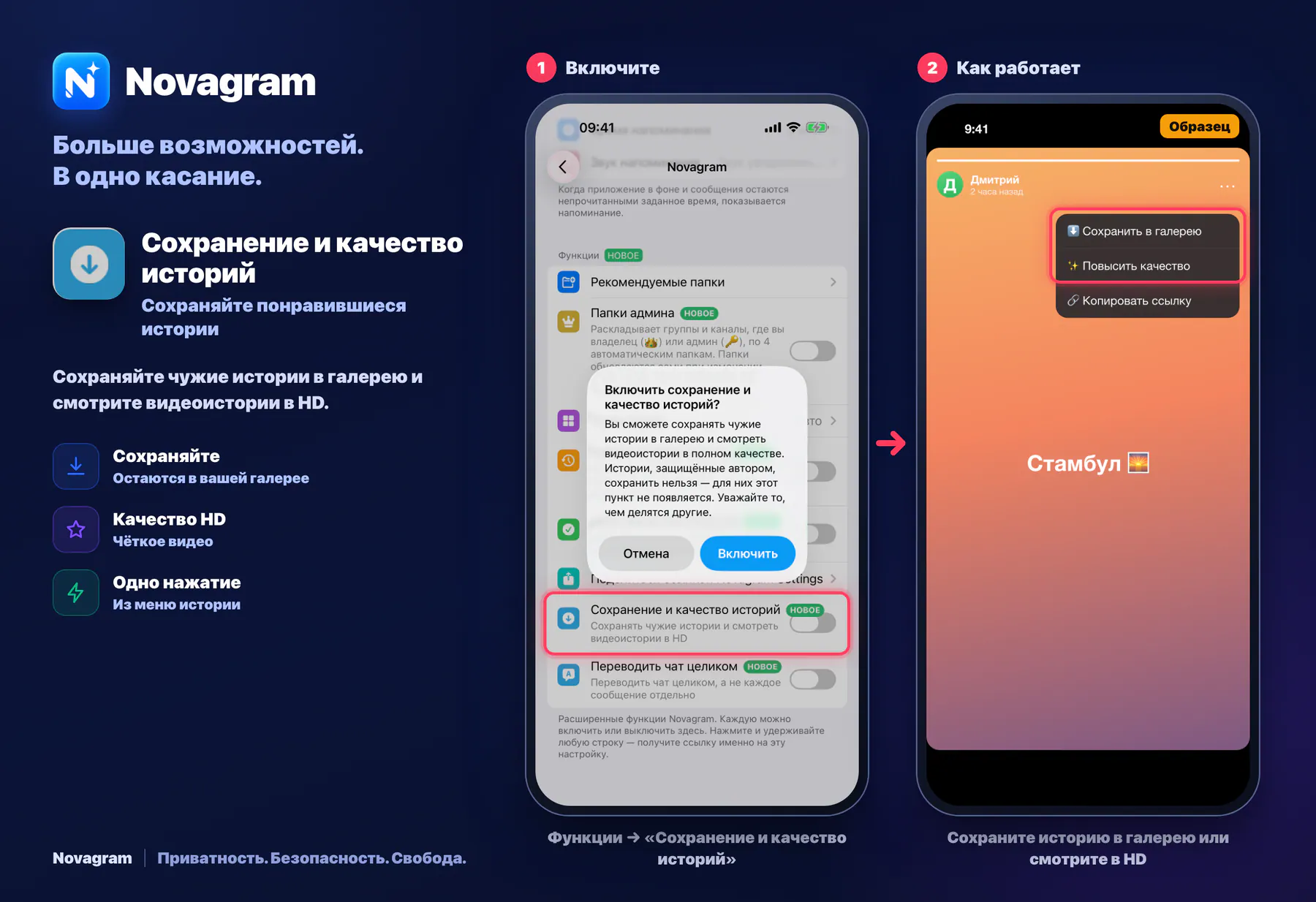 Сохранение и качество историй — карточка Novagram