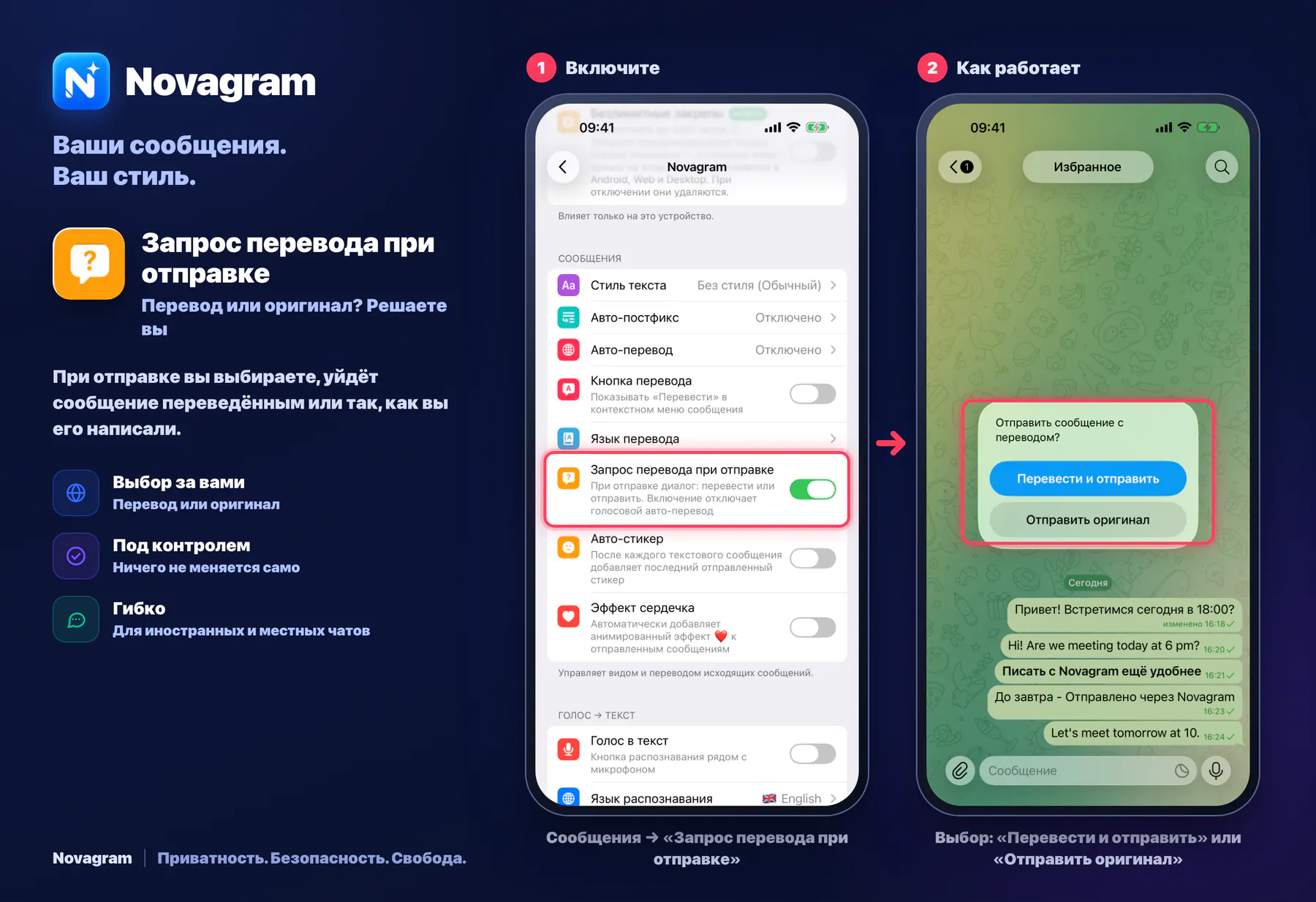 Запрос перевода при отправке — карточка Novagram