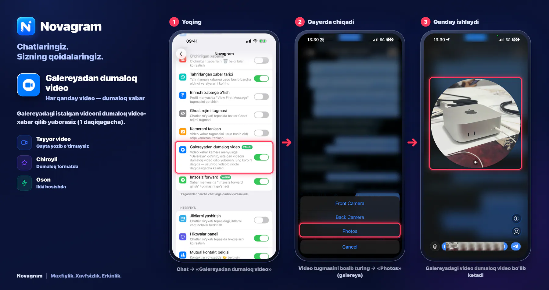 Galereyadan dumaloq video — Novagram kartasi