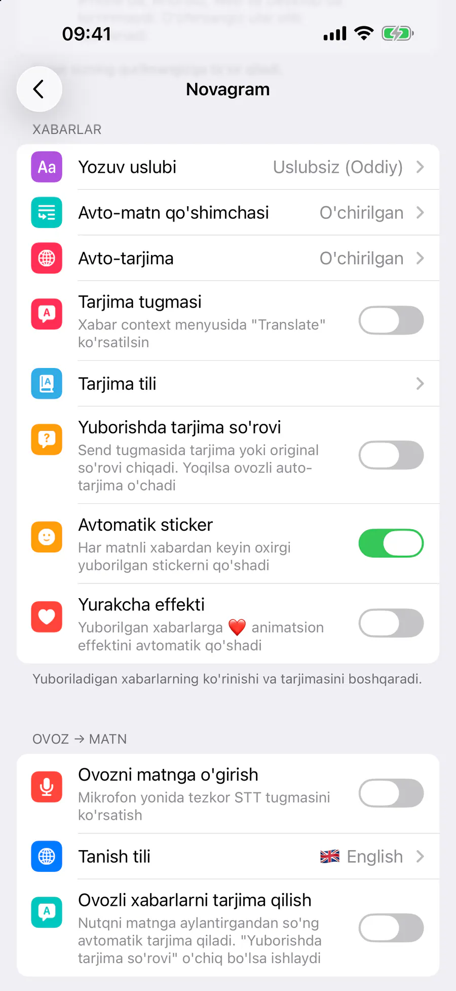 Xabarlar → «Avtomatik sticker»