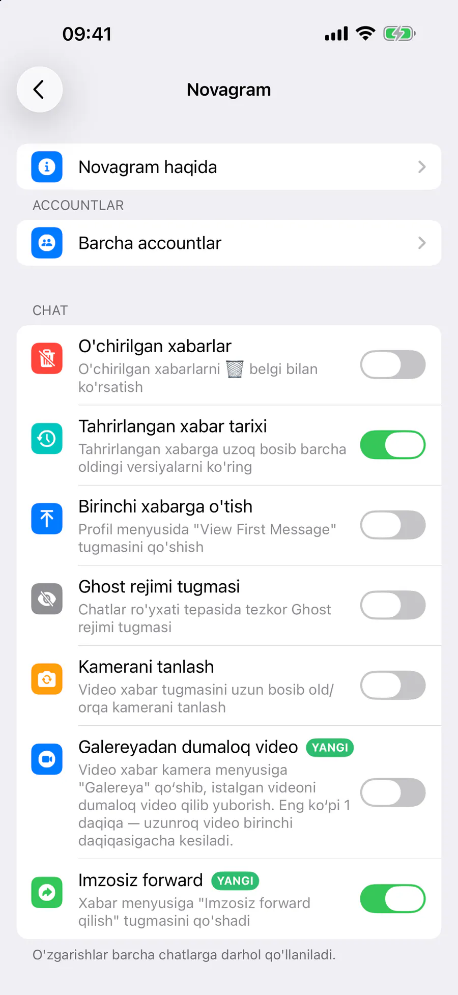 Chat → «Tahrirlangan xabar tarixi»
