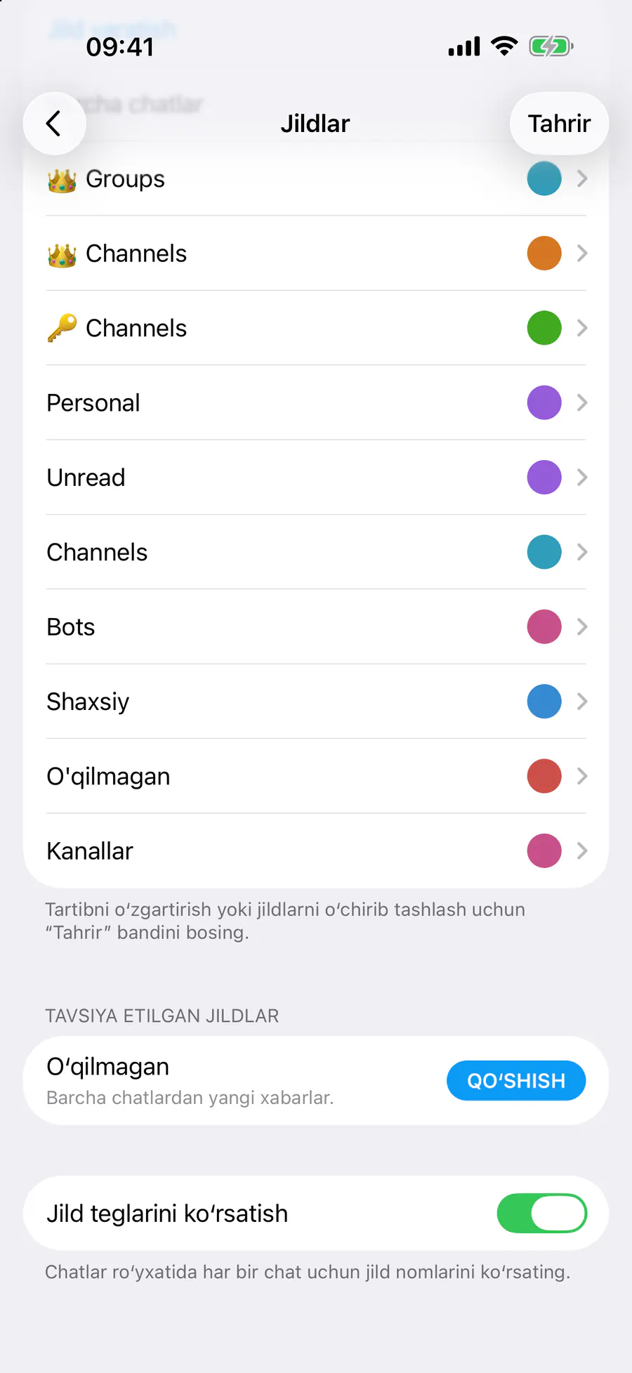 Chat jildlari → «Jild teglarini ko'rsatish»