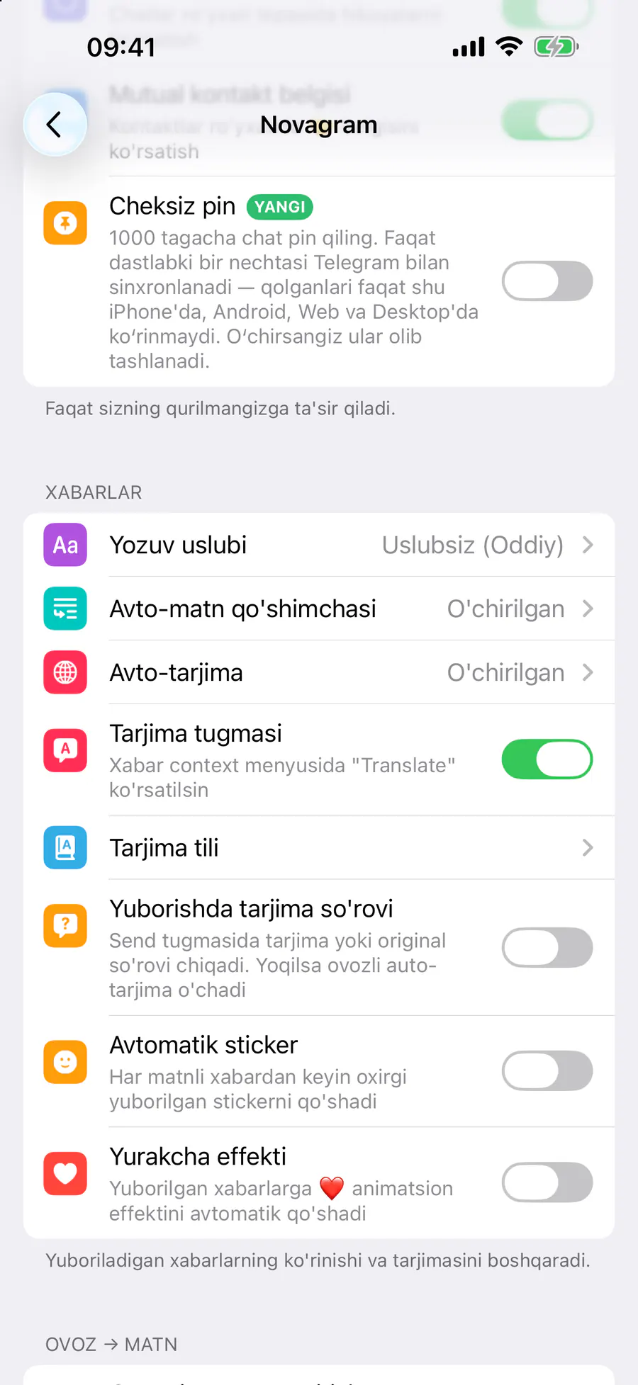 Xabarlar → «Tarjima tugmasi»