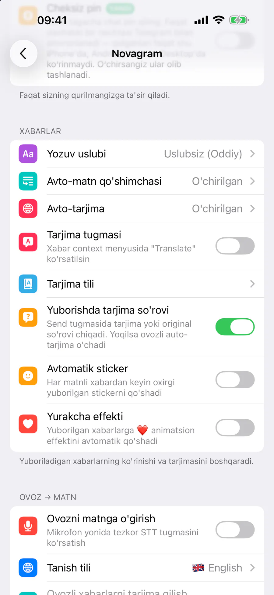 Xabarlar → «Yuborishda tarjima so'rovi»