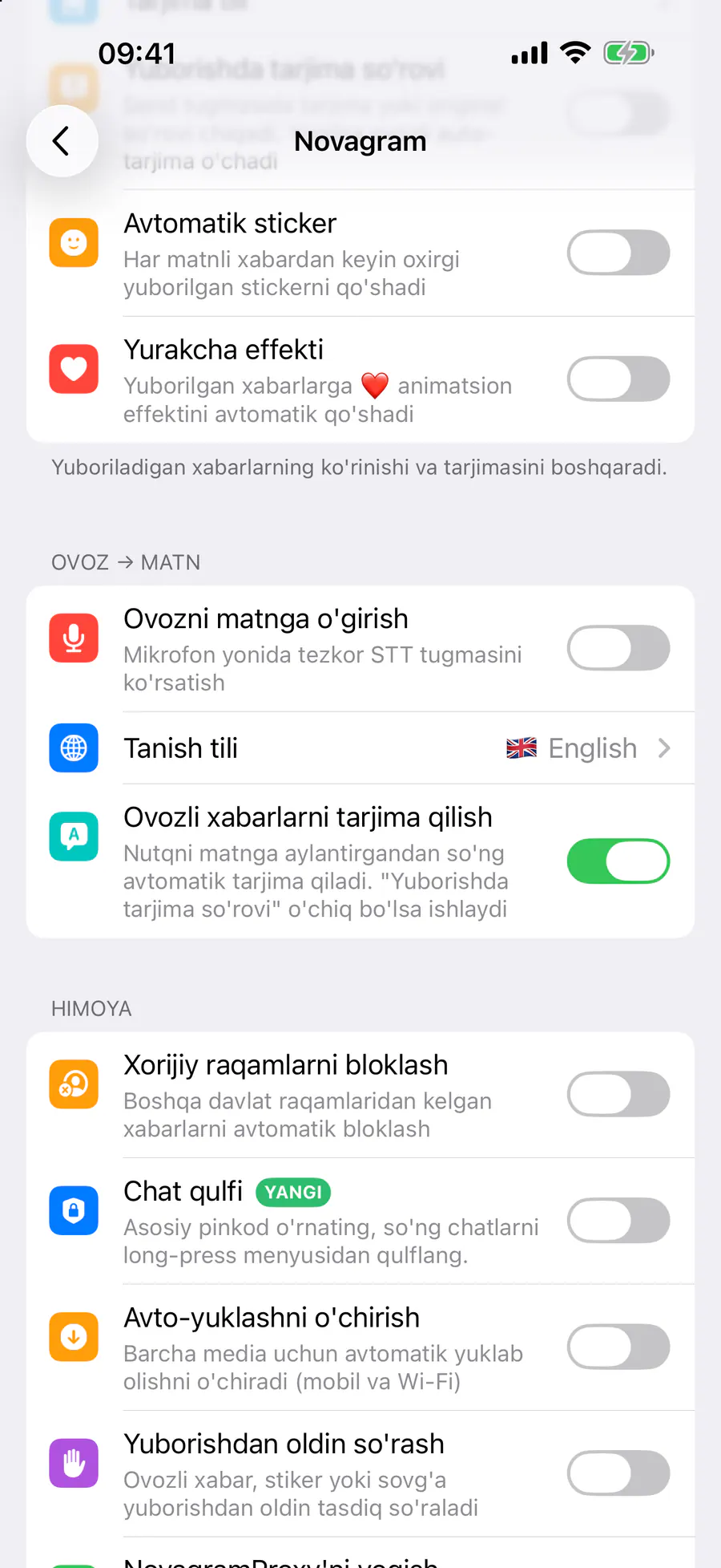 Ovoz → Matn → «Ovozli xabarlarni tarjima qilish»