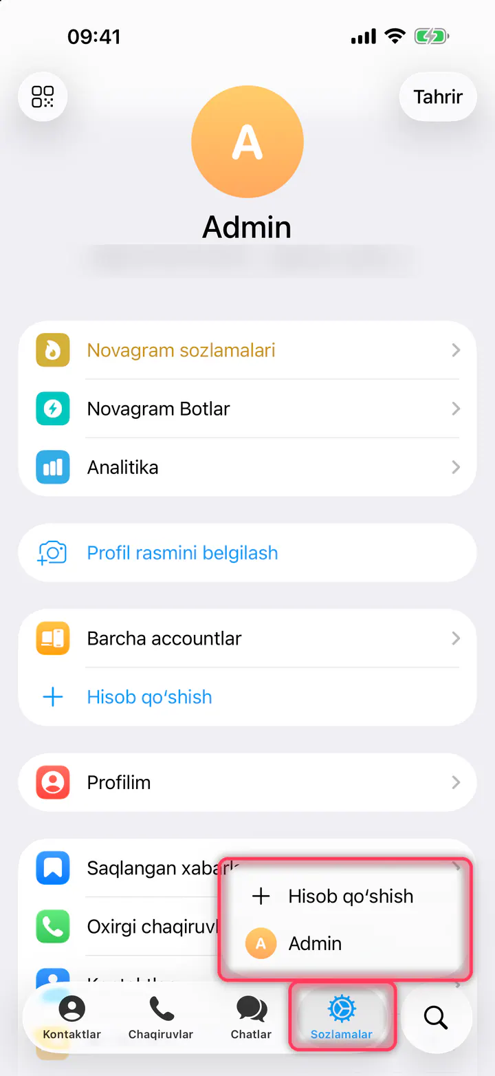 «Sozlamalar» tugmasini bosib turing
