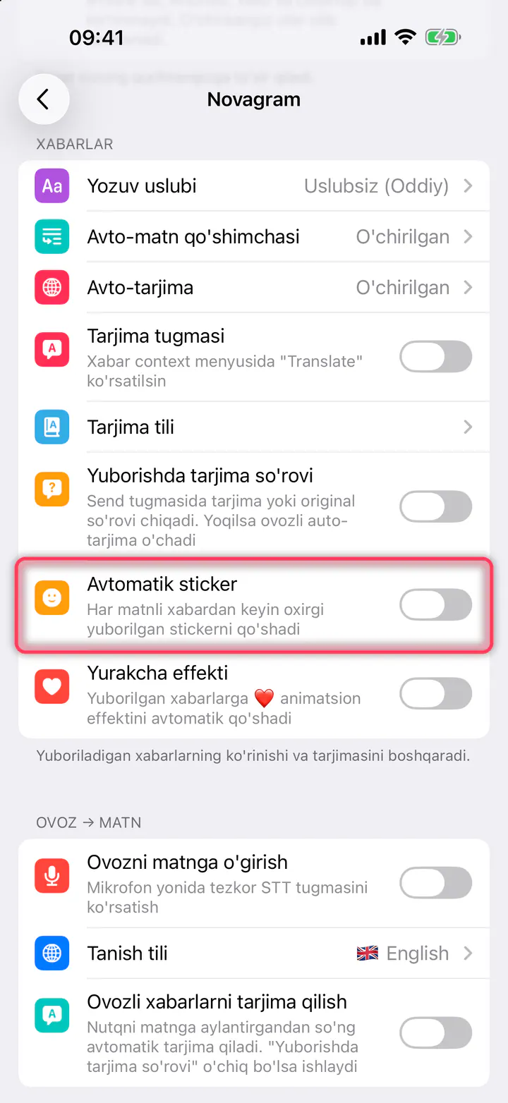 «Avtomatik sticker» ni yoqing