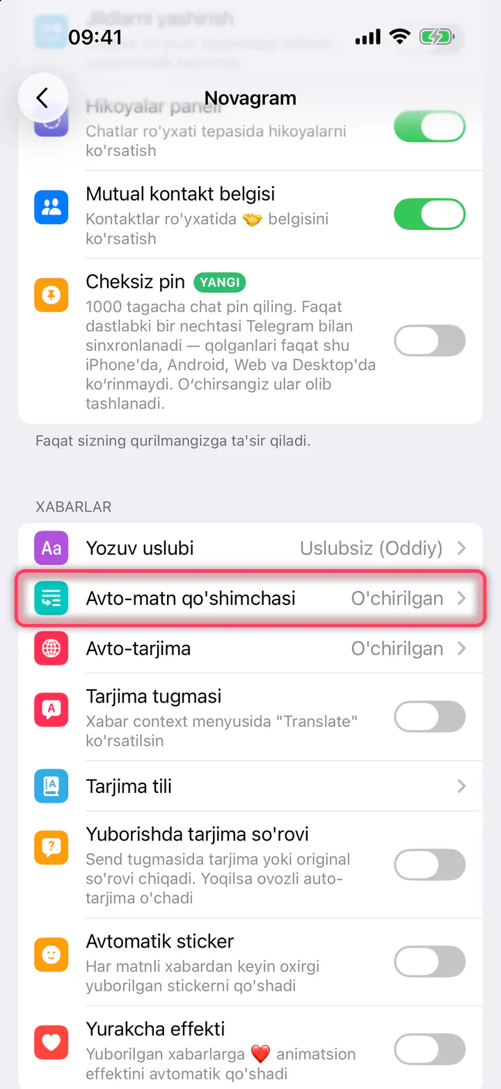«Avto-matn qo'shimchasi» ni bosing