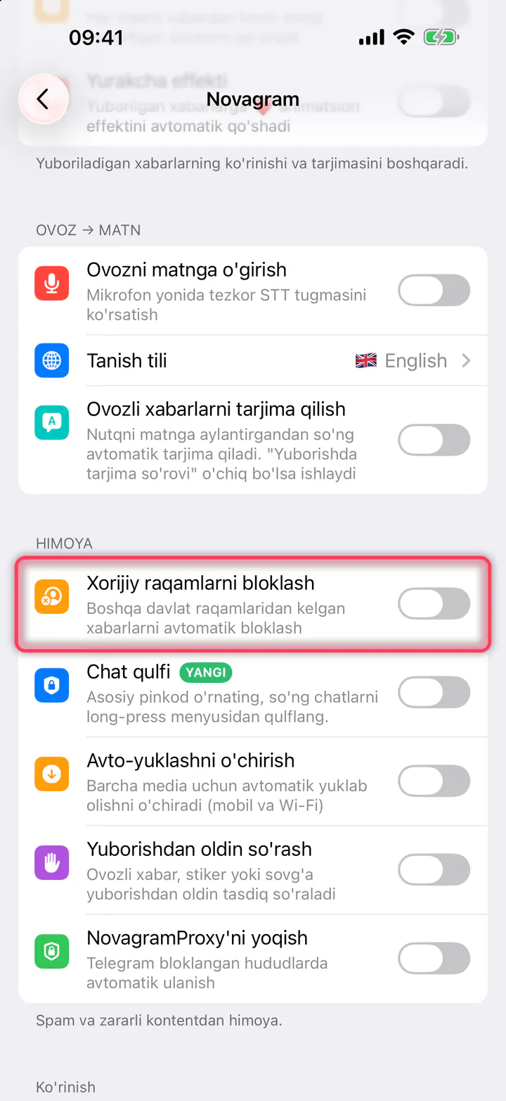 «Xorijiy raqamlarni bloklash» ni yoqing