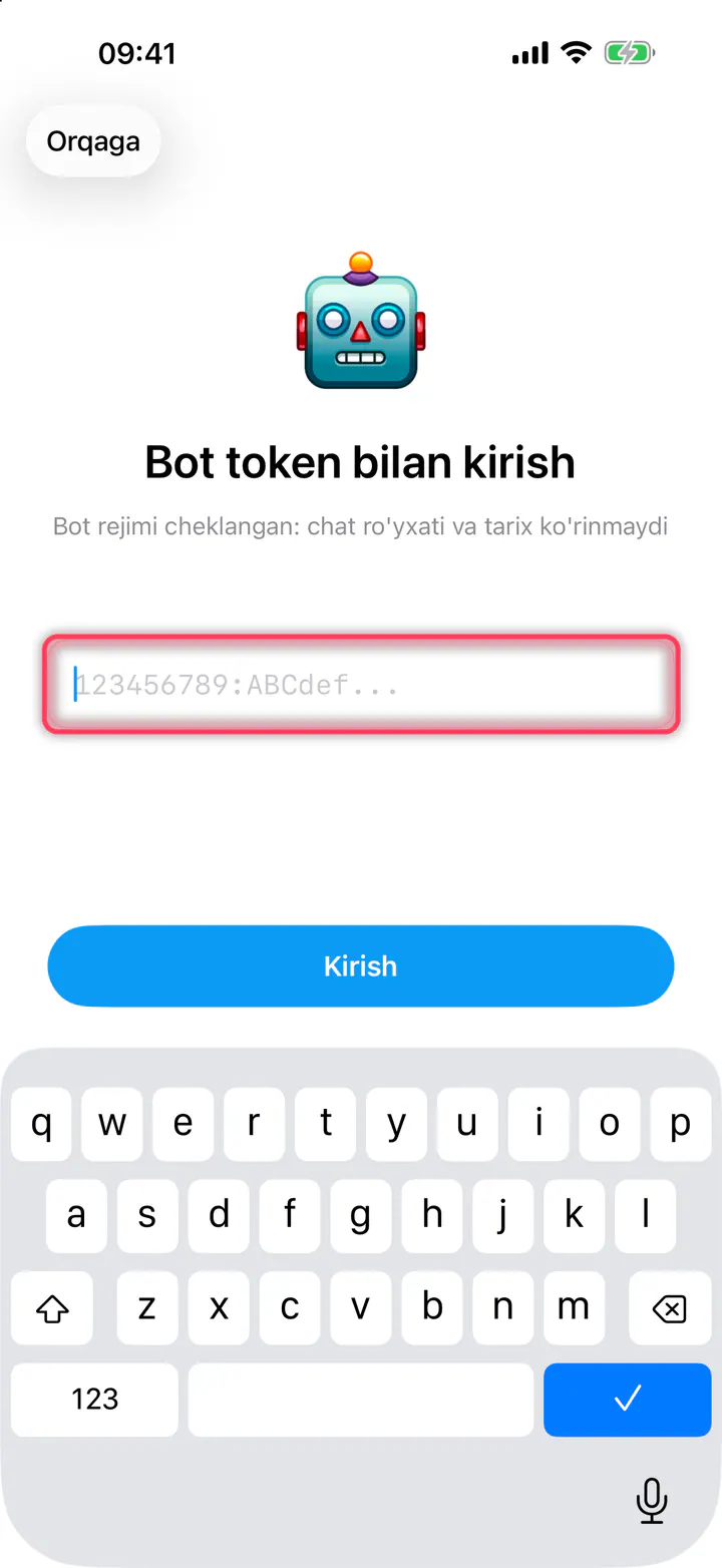 Tokenni kiriting va «Kirish» ni bosing