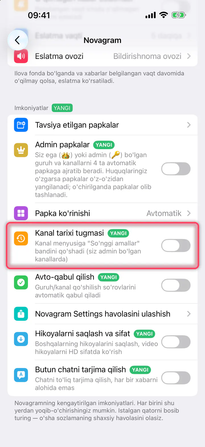 «Kanal tarixi tugmasi» ni yoqing