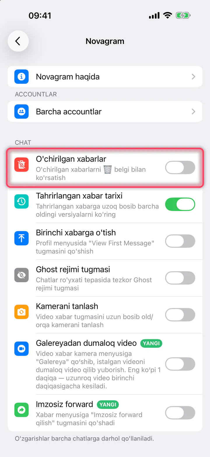 «O'chirilgan xabarlar» ni yoqing