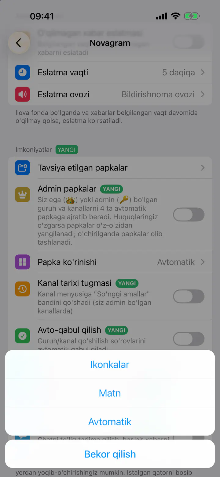 «Ikonkalar», «Matn» yoki «Avtomatik» ni tanlang
