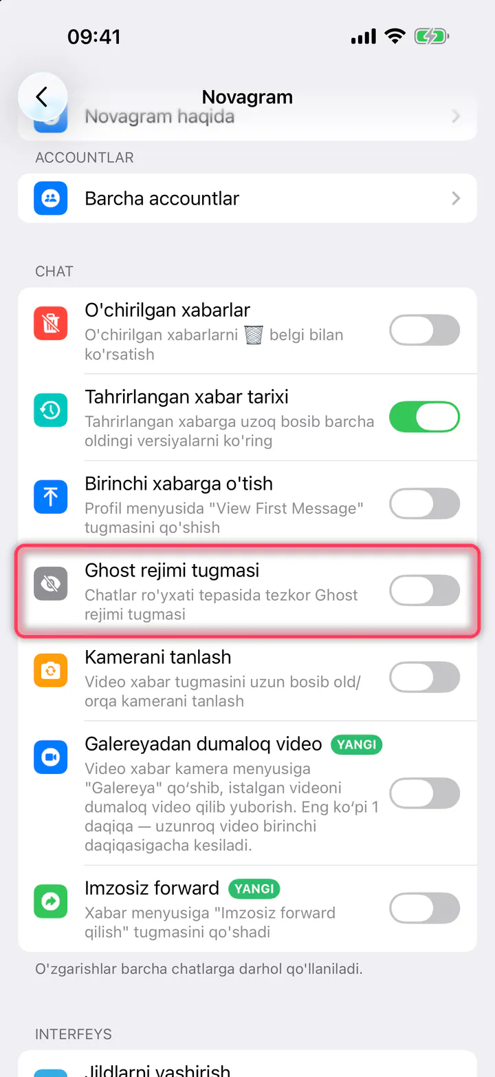 «Ghost rejimi tugmasi» ni yoqing