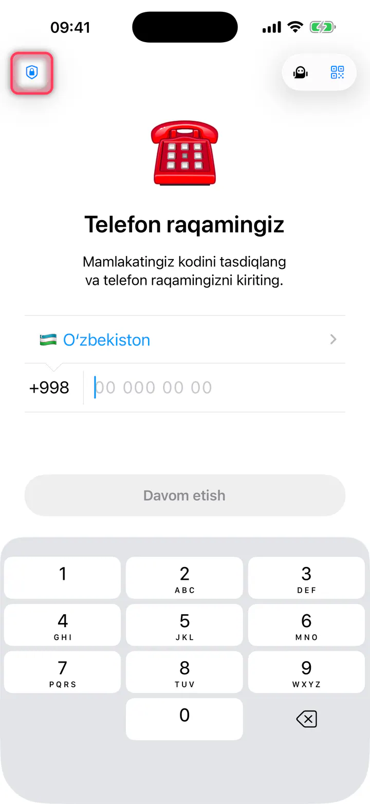 Tepada chapdagi qalqon belgisini bosing