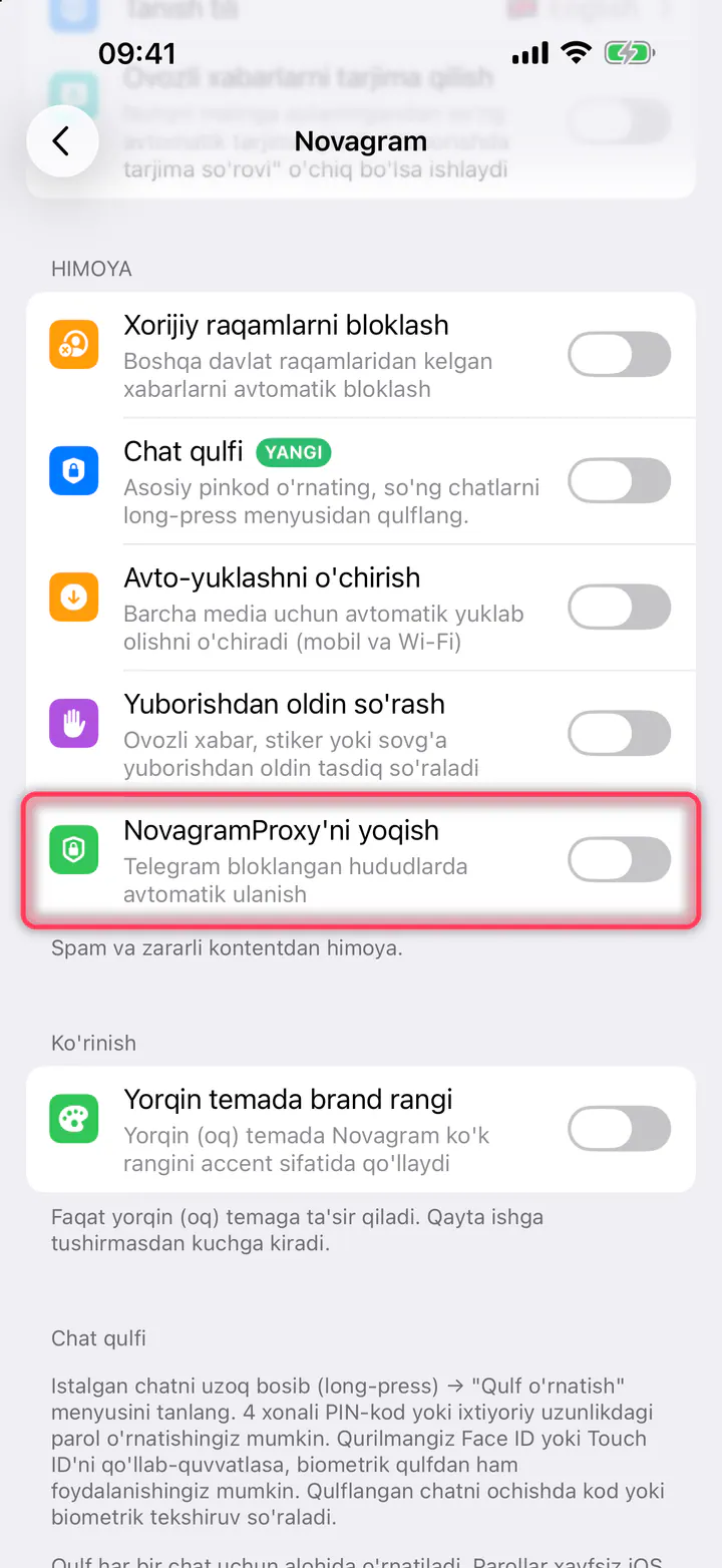 «NovagramProxy'ni yoqish» ni yoqing