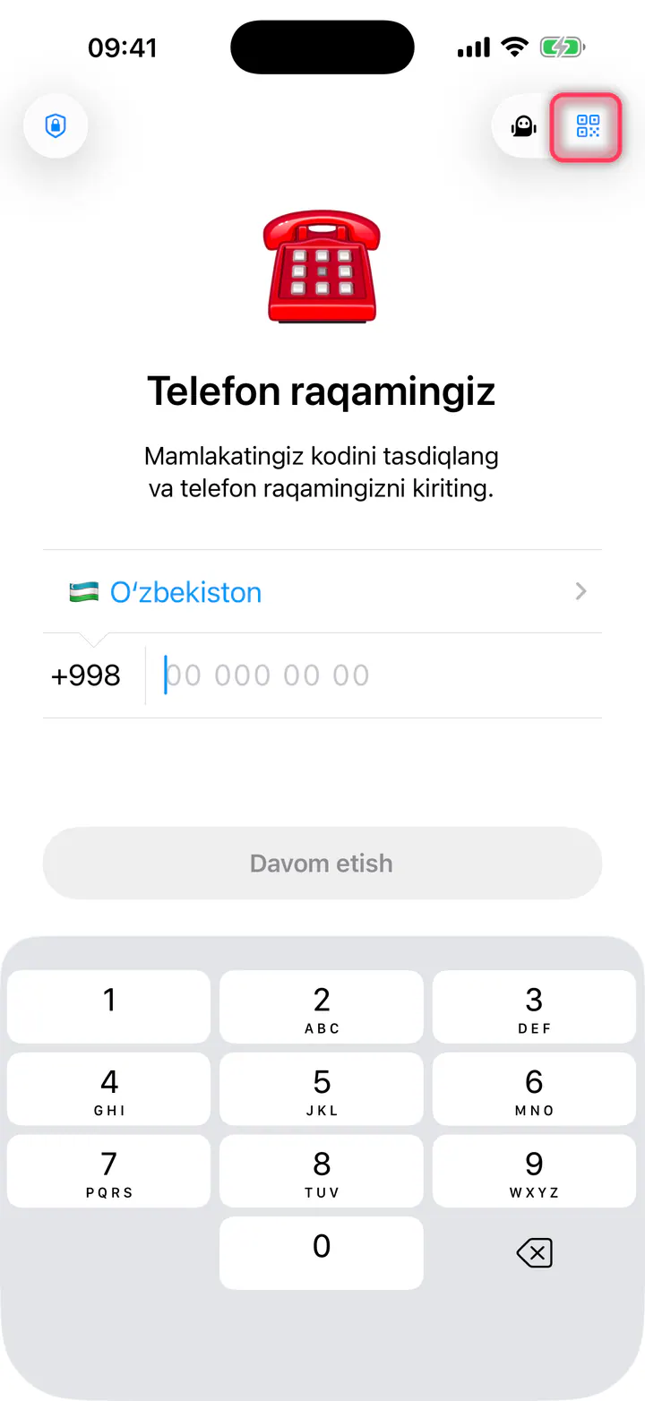 Tepada o'ngdagi QR belgisini bosing