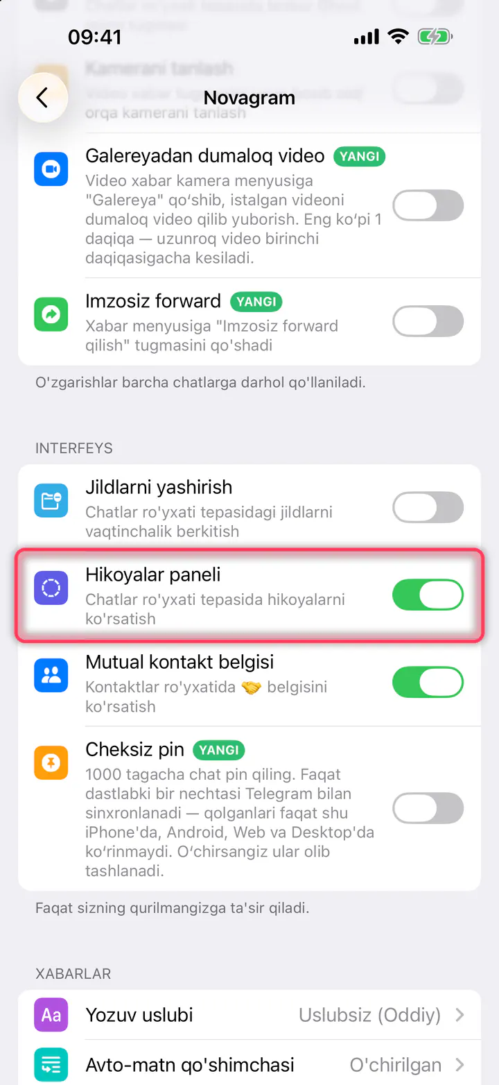 «Hikoyalar paneli» ni o'chiring