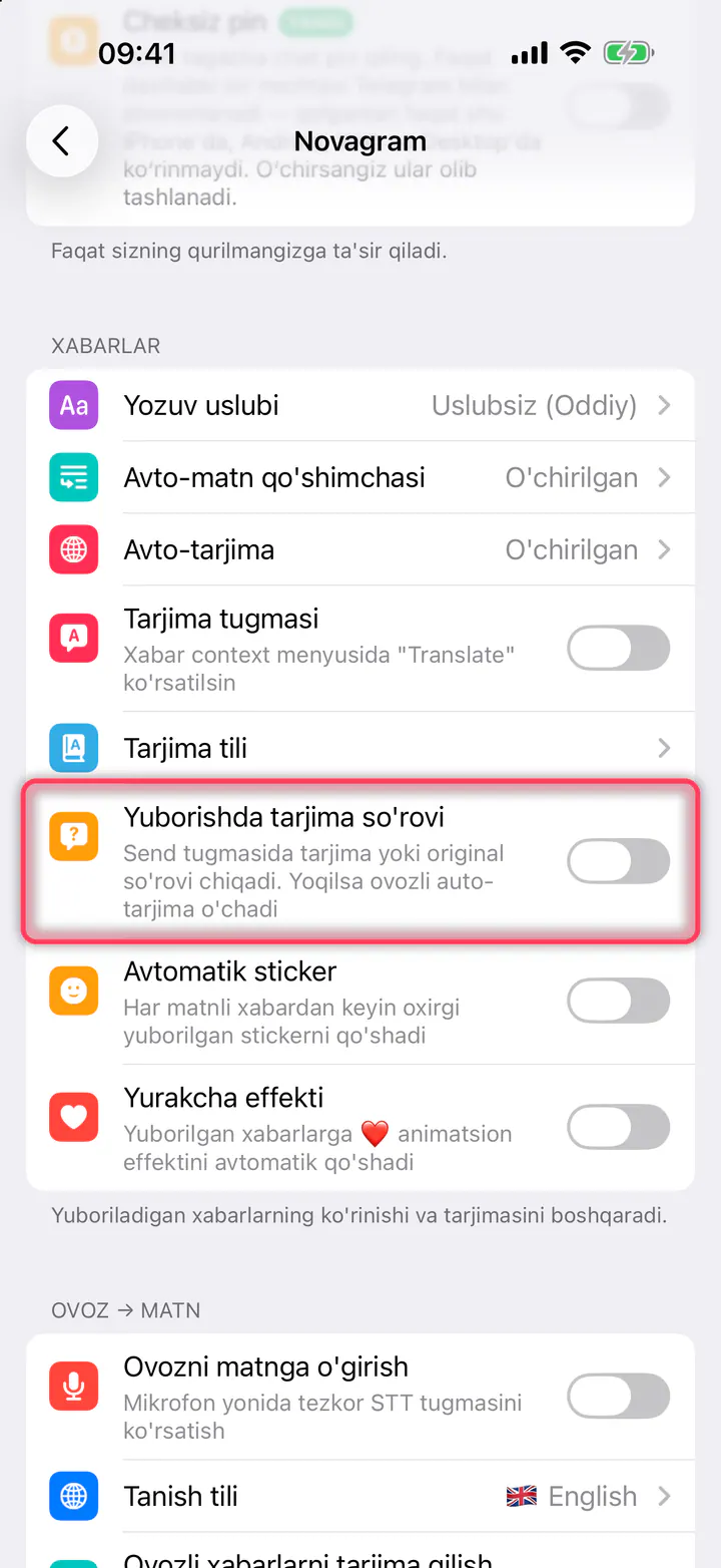 «Yuborishda tarjima so'rovi» ni yoqing