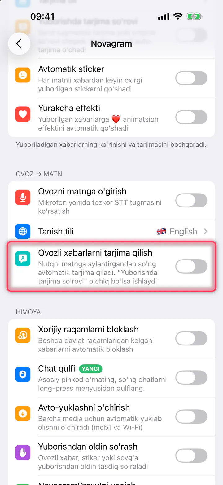 «Ovozli xabarlarni tarjima qilish» ni yoqing